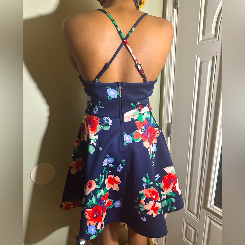 Juniors Floral Print Ruffled Cocktail Dress Navy